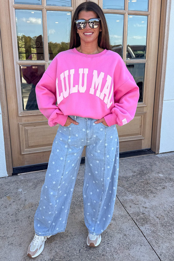 pink with light pink puff letter lulu mac long sleeve crew neckline sweatshirt with ribbed trim