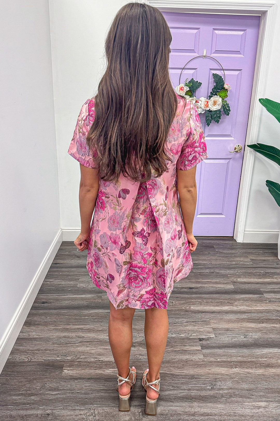 pink purple and mauve butterfly floral jacquard mini dress with gathered back detail