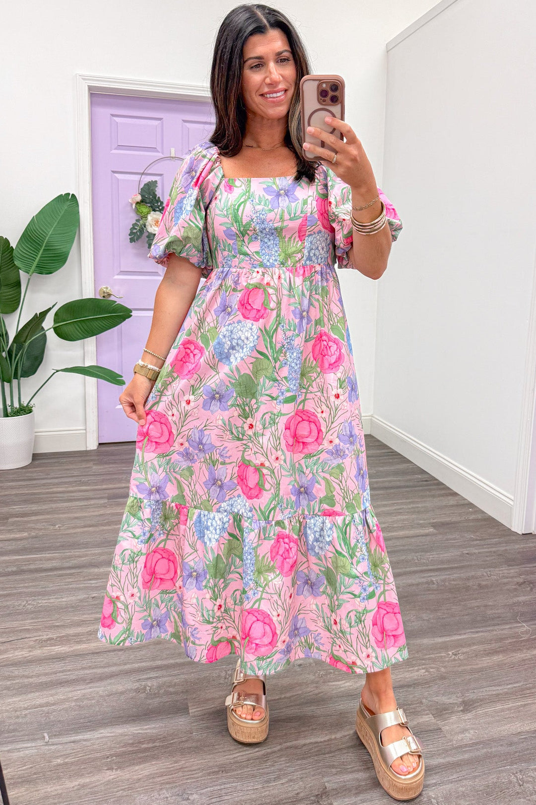 pink purple and green large floral print poplin midi dress with flowy tiered hem skirt