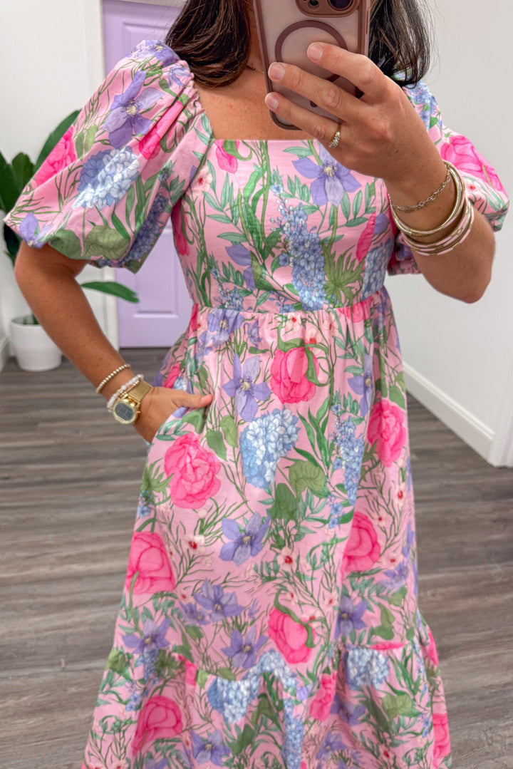 pink purple and green large floral print poplin midi dress with side pockets