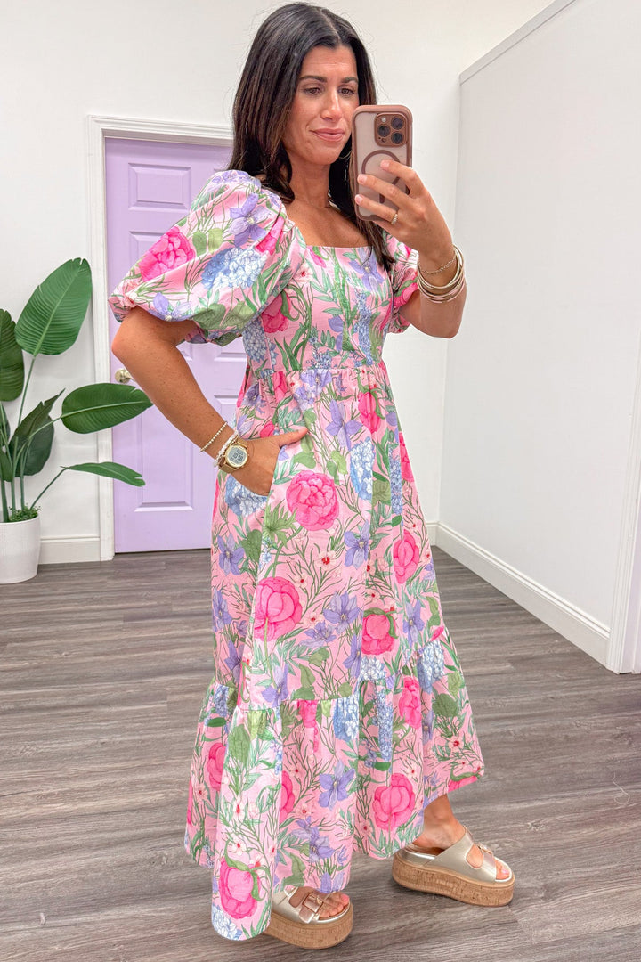 pink purple and green large floral print square neckline poplin midi dress