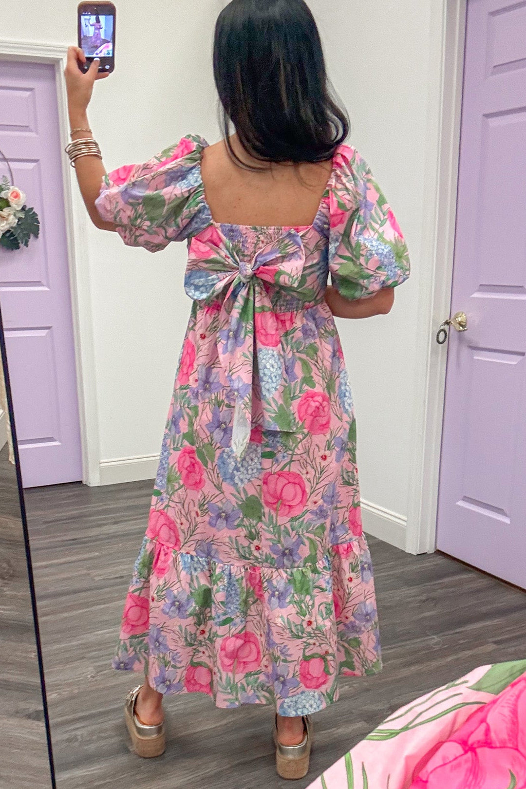 pink purple and green large floral print smocked back poplin midi dress