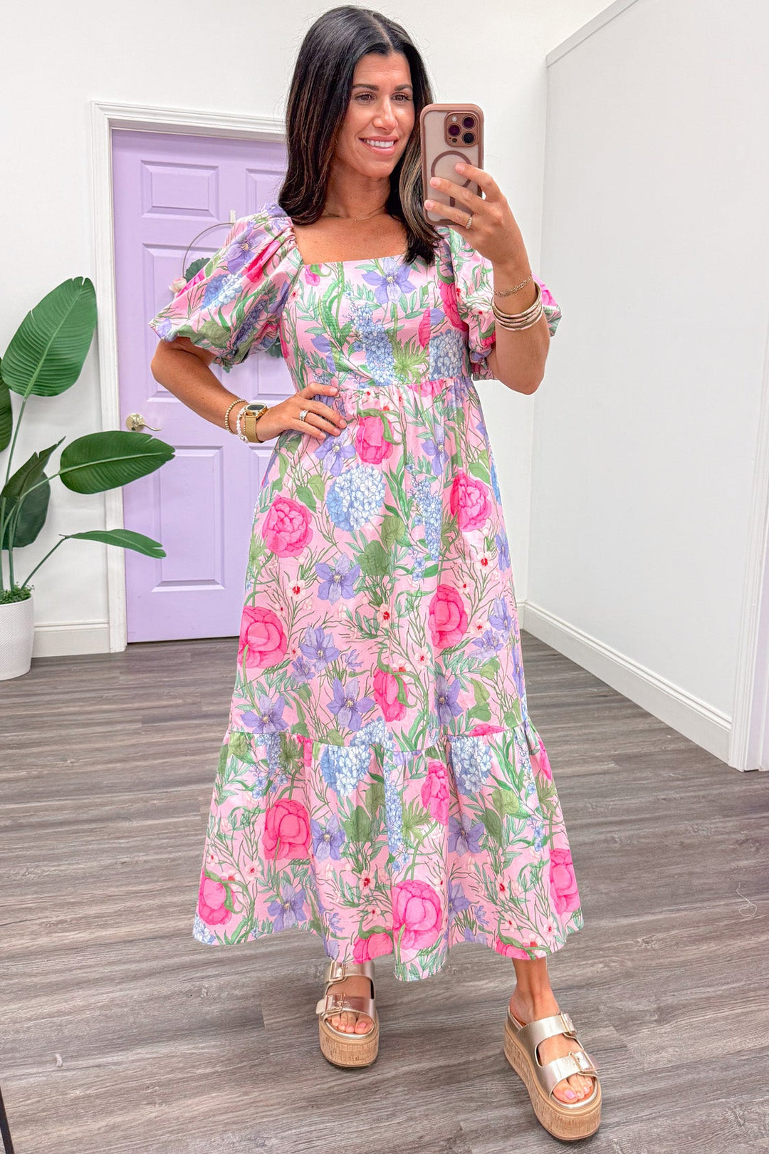 pink purple and green large floral print short puff sleeve poplin midi dress