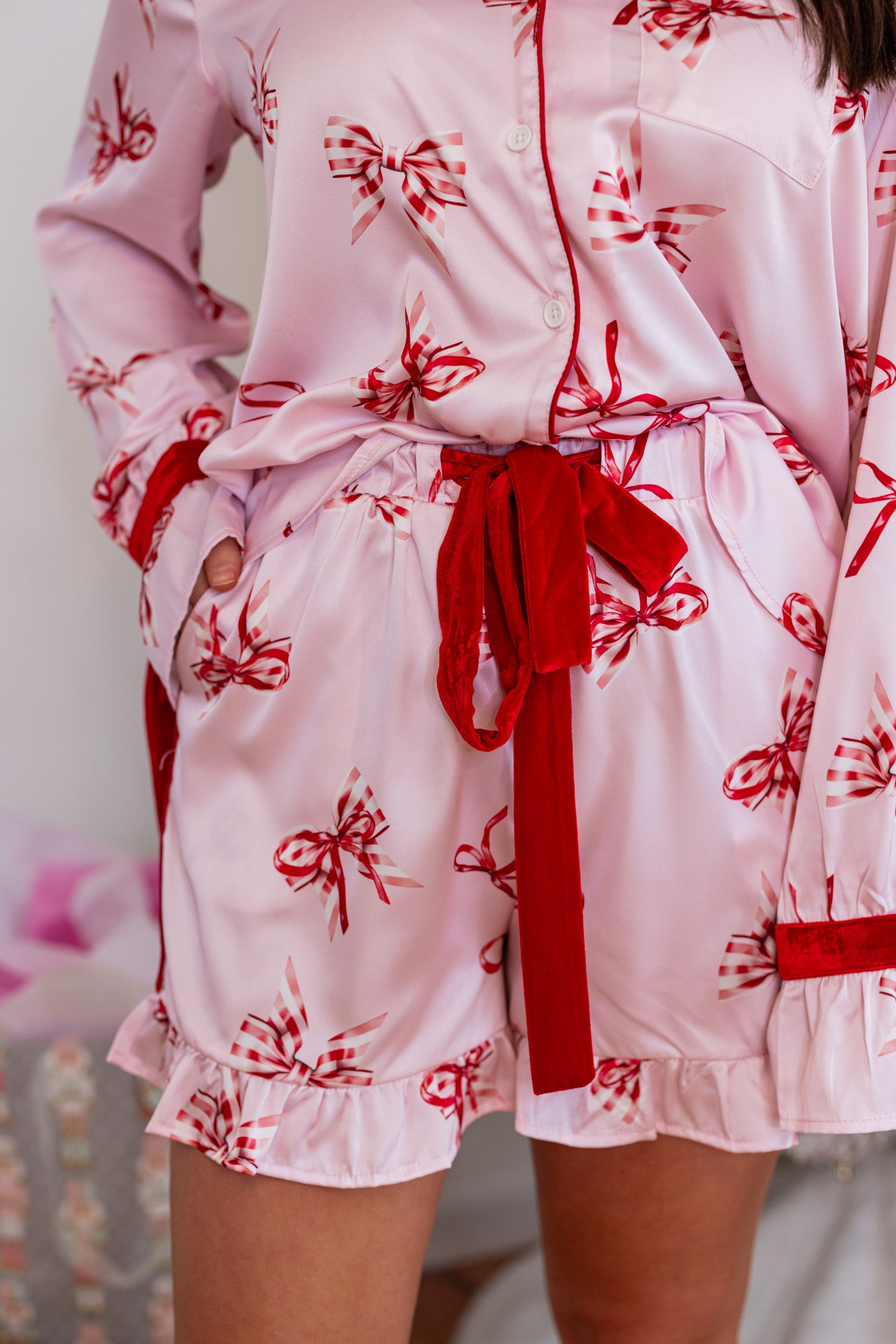 Red Velvet Bow Tie Satin Pajama Shorts | Purple Door | Commerce GA