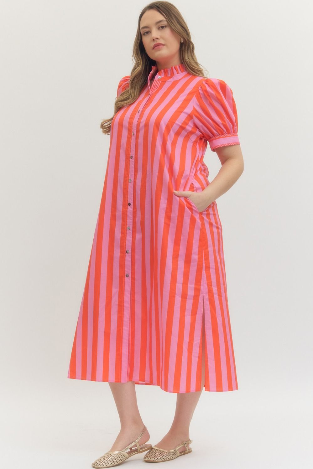 Entro pink and red striped button down poplin midi dress with side pockets