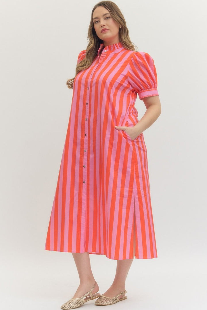 Entro pink and red striped button down poplin midi dress with side pockets