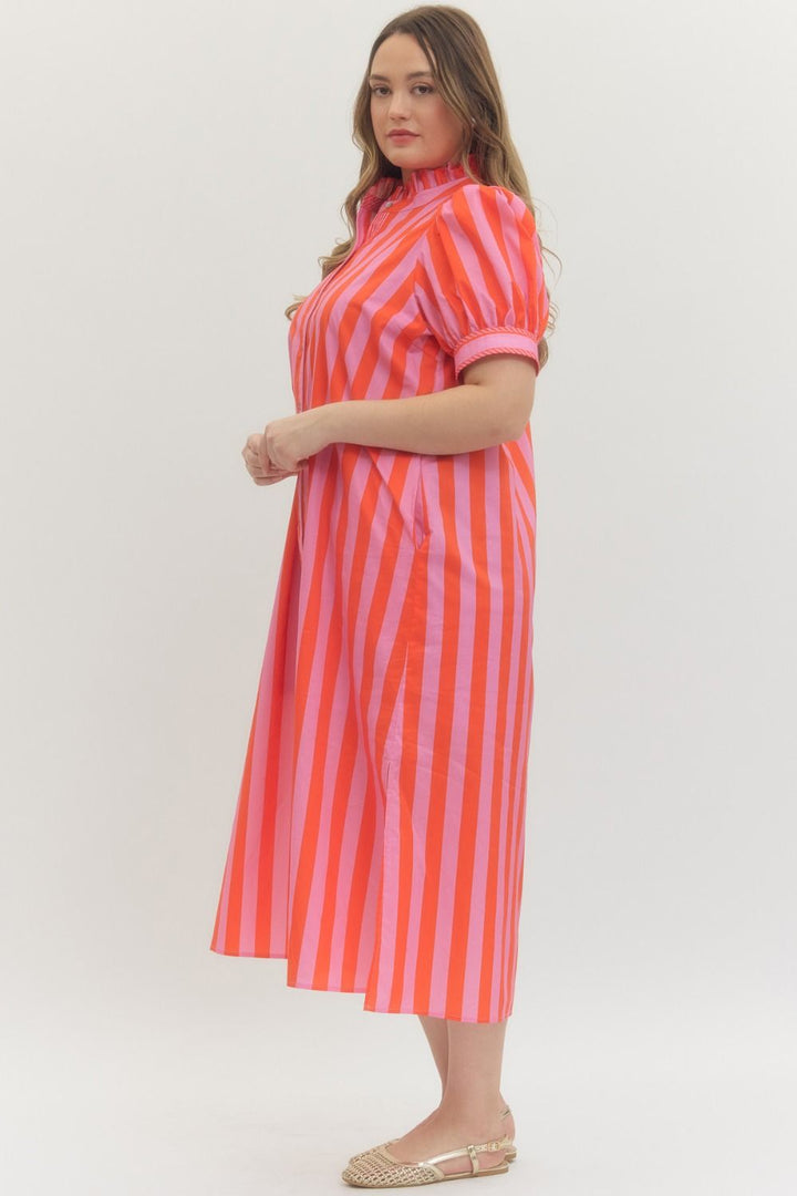 Entro pink and red striped button down poplin midi dress with short puff sleeves