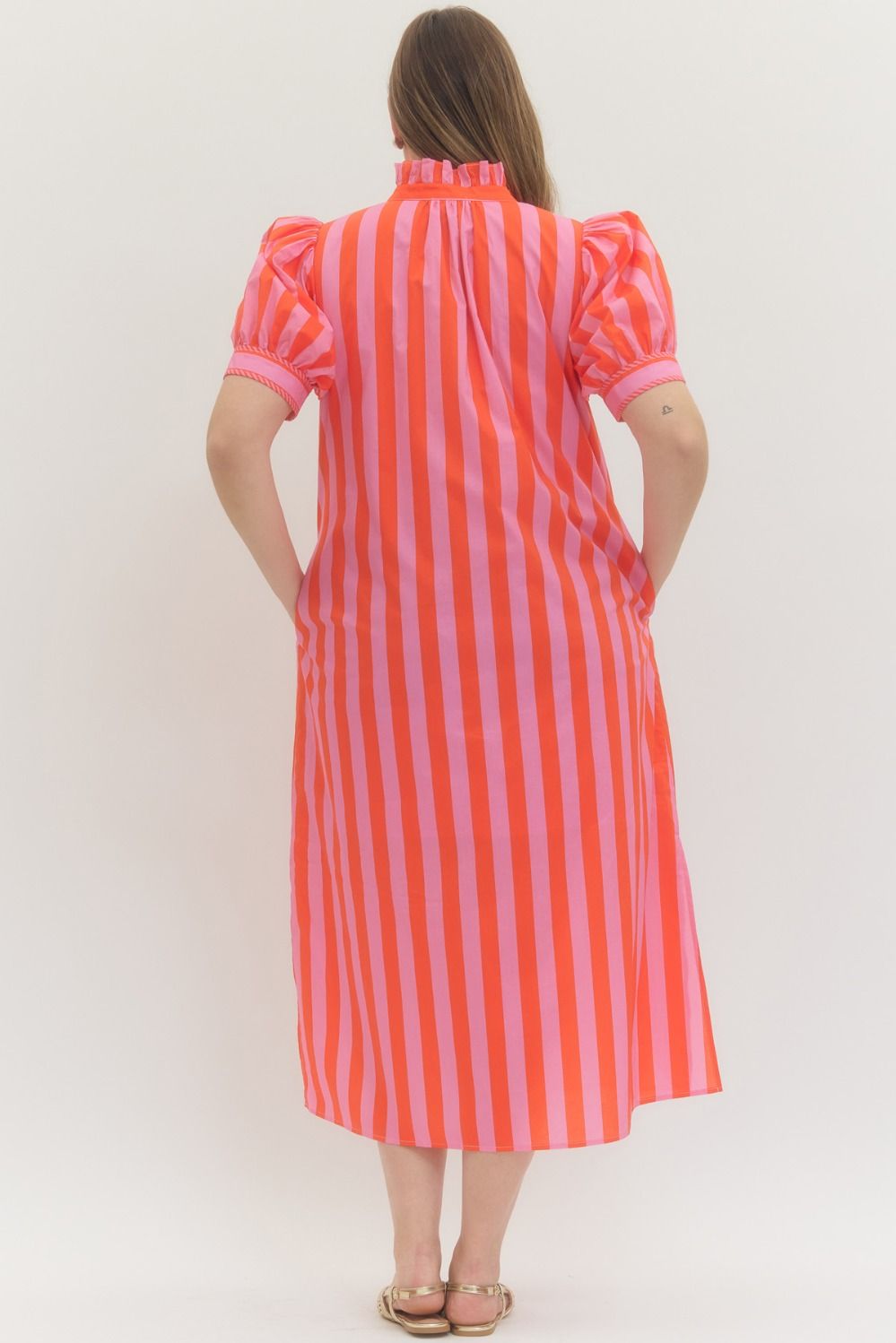 Entro pink and red striped button down poplin midi dress with a flowy silhouette