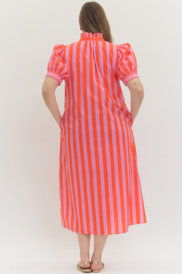 Entro pink and red striped button down poplin midi dress with a flowy silhouette
