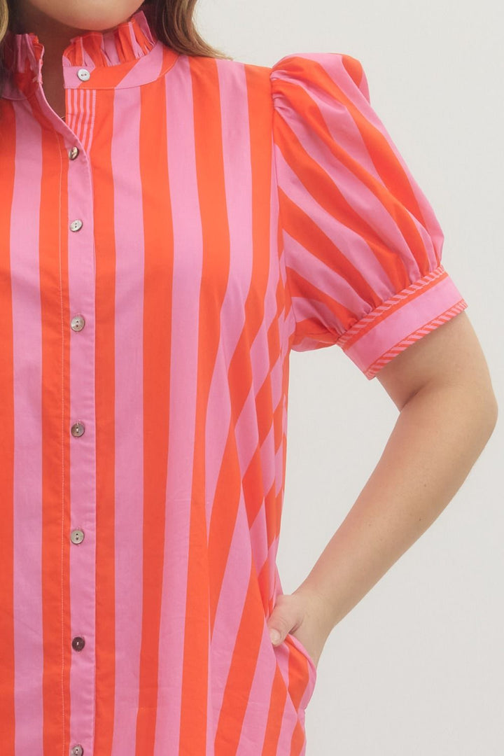 Entro pink and red striped button down poplin midi dress with a ruffled neck, and cuffed puff sleeves