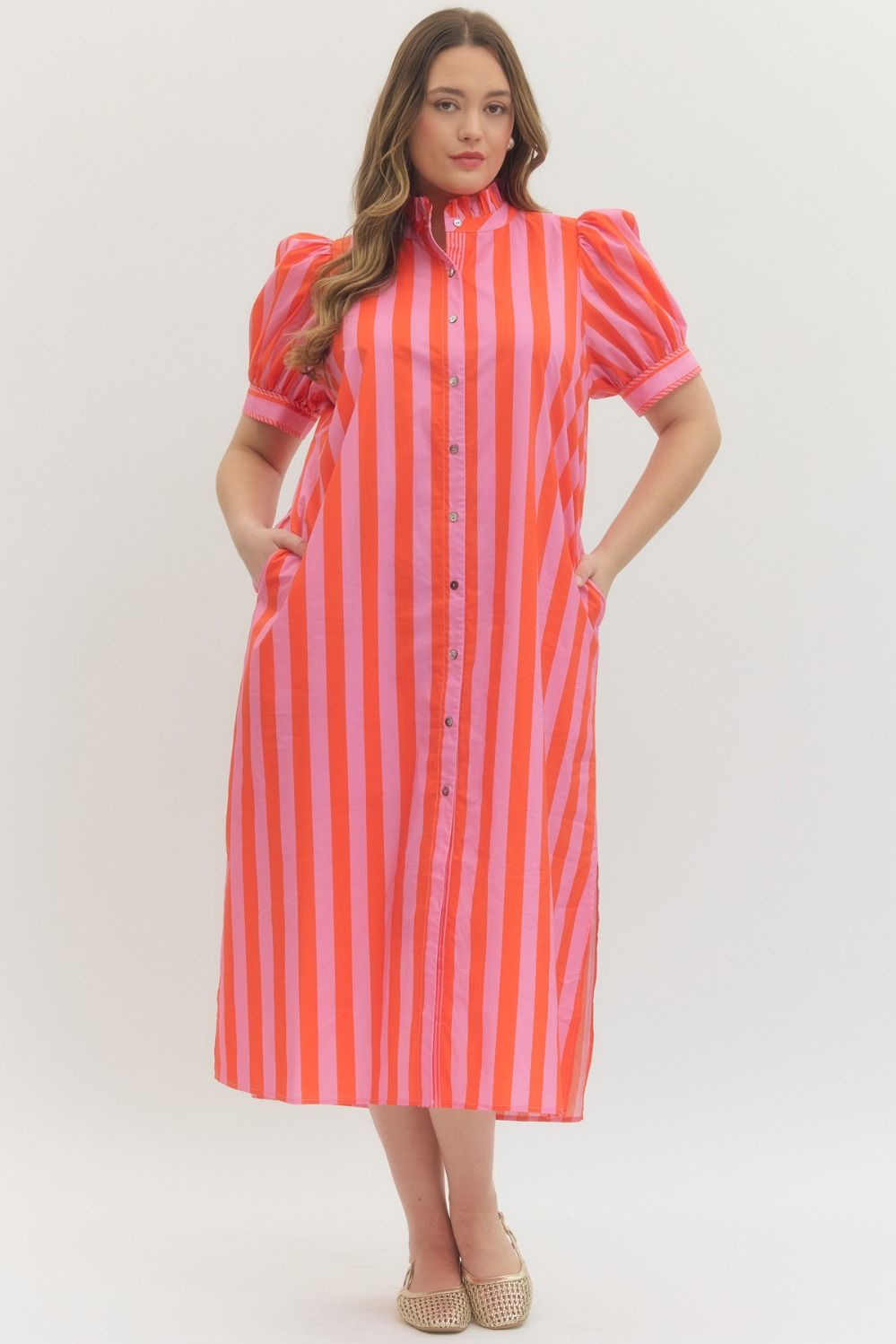 Entro pink and red striped button down poplin midi dress