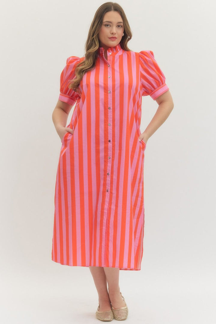 Entro pink and red striped button down poplin midi dress