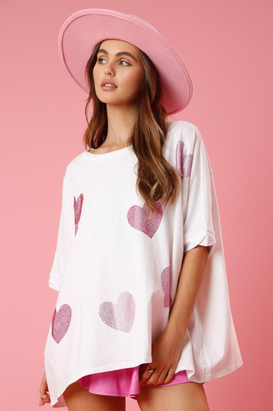 Peach Love California White boxy t-shirt with large pink rhinestone hearts