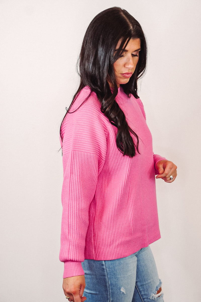 ribbed pink mock neck sweater