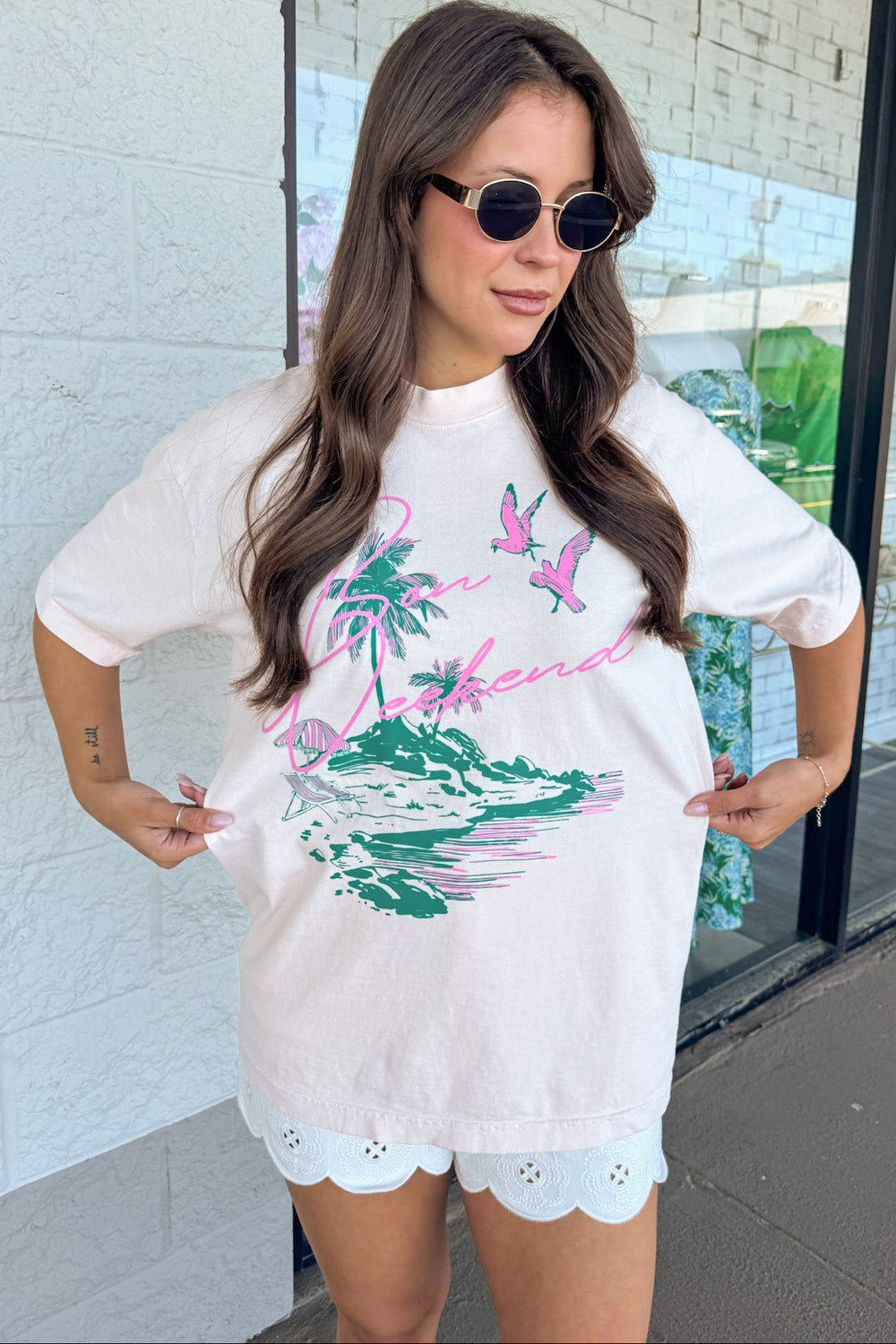 light pink and sage green bon weekend graphic print short sleeve relaxed fit tee shirt