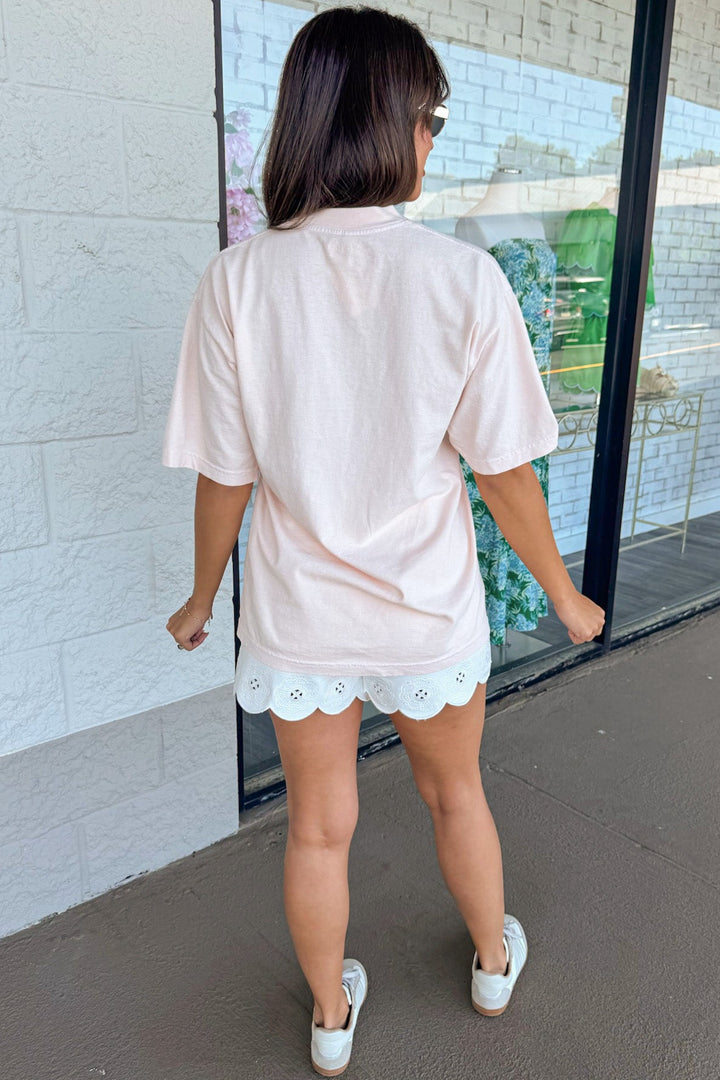 light pink and sage green bon weekend graphic print short sleeve cotton tee shirt