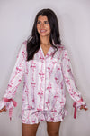 pink satin bow print pajama top