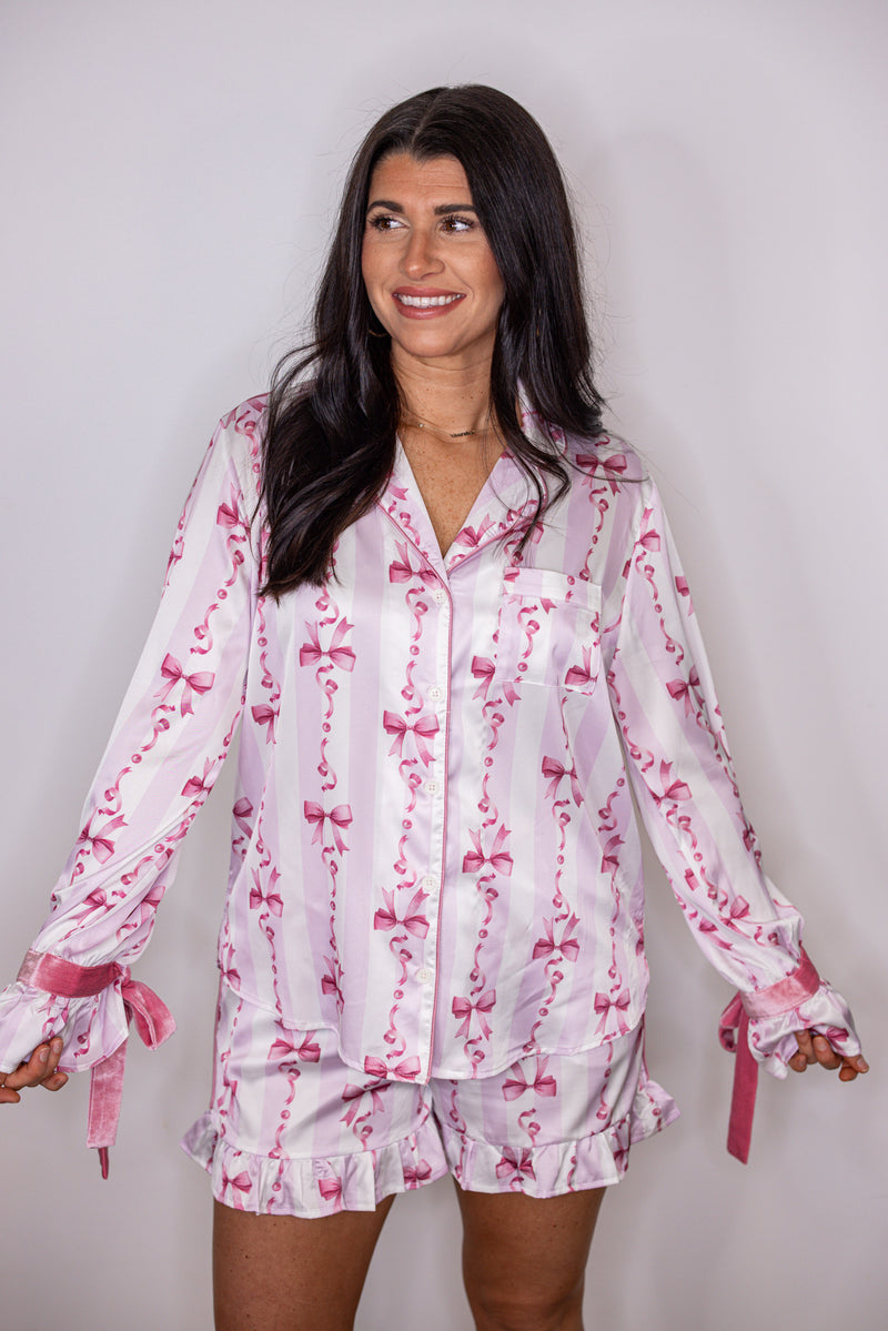 pink satin bow print pajama top