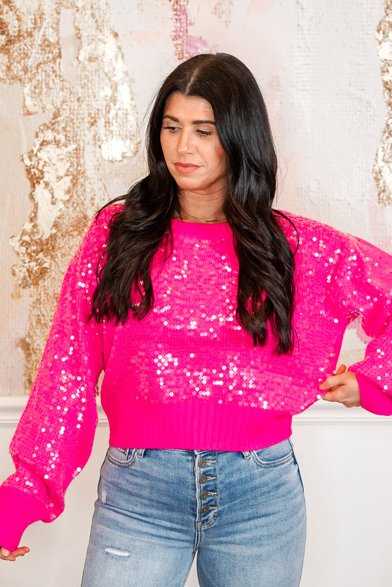hot pink sequin cropped sweater