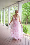 pink sheer floral overlay maxi dress with slits