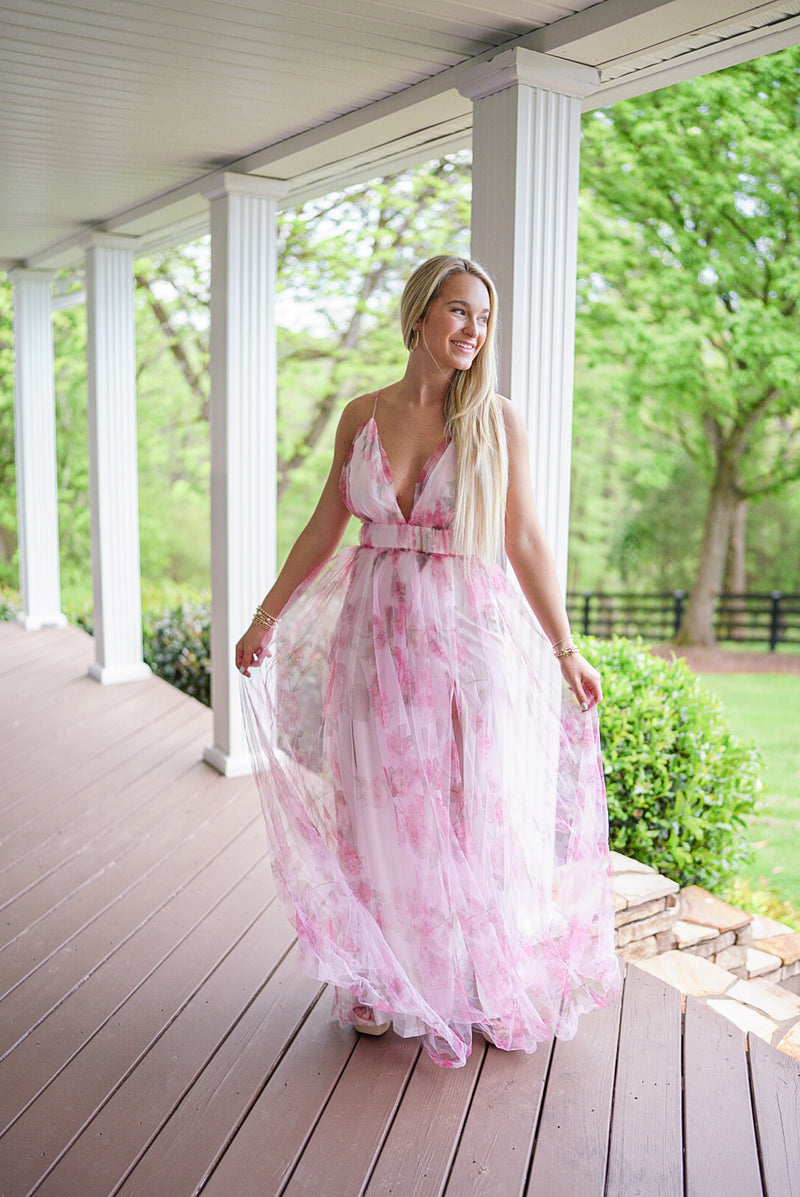 pink sheer floral overlay maxi dress with slits