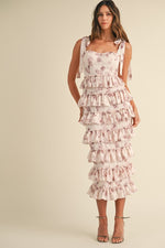 Mable Pink shimmering ruffle tiered bustier midi dress with a rose floral print