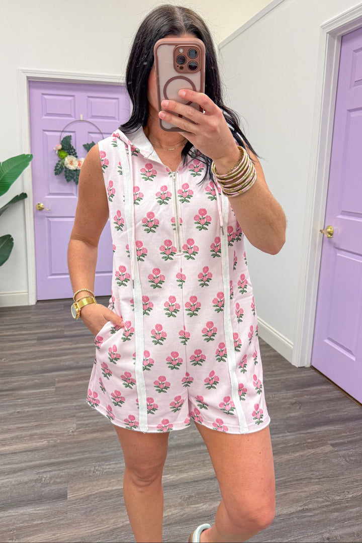 pale pink floral detail quarter zip terry knit romper side pockets