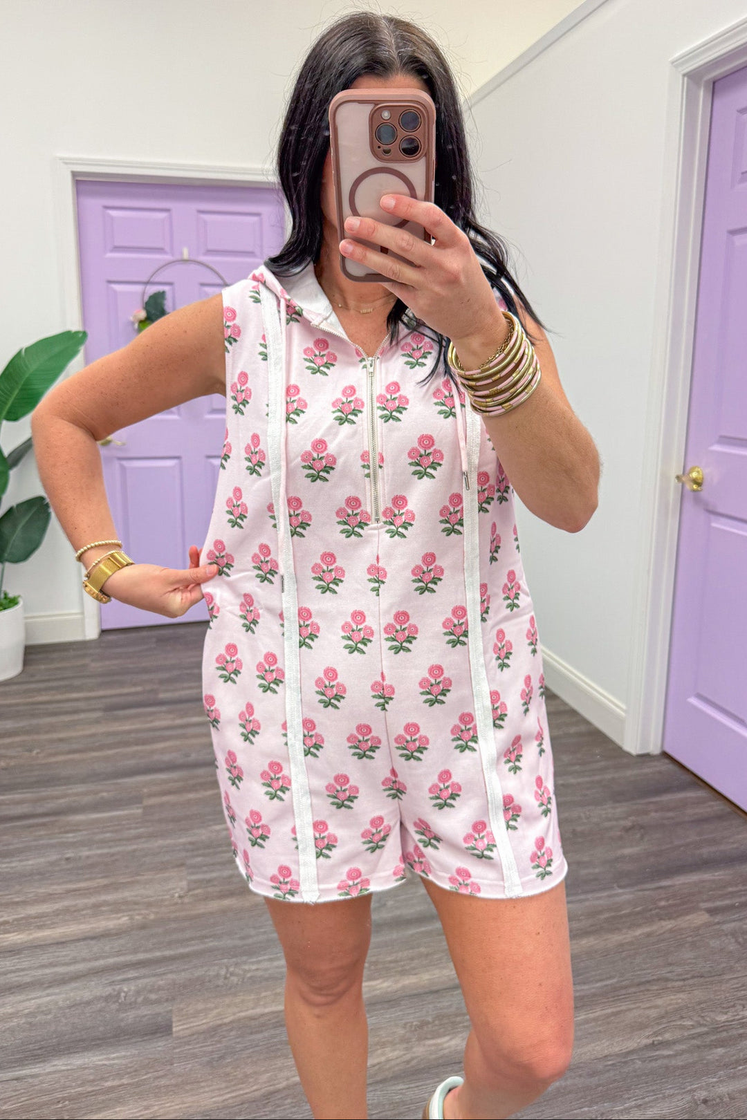 pale pink floral detail quarter zip comfy terry knit romper