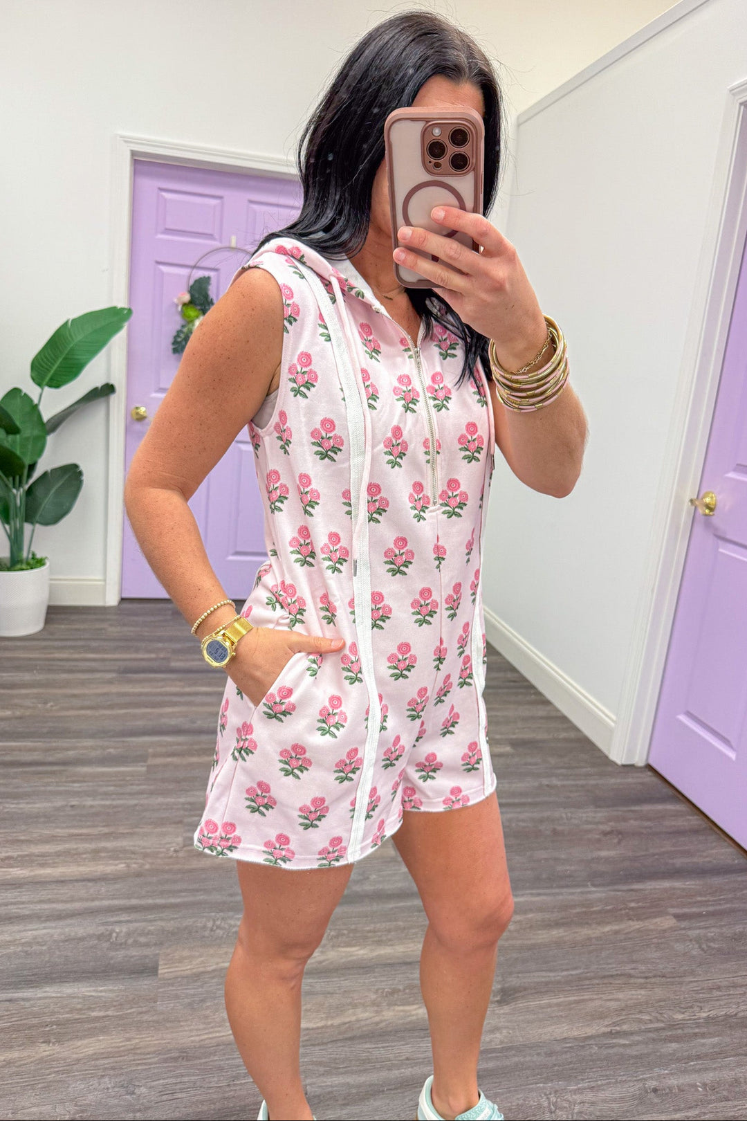 pale pink floral detail quarter zip hooded terry knit romper