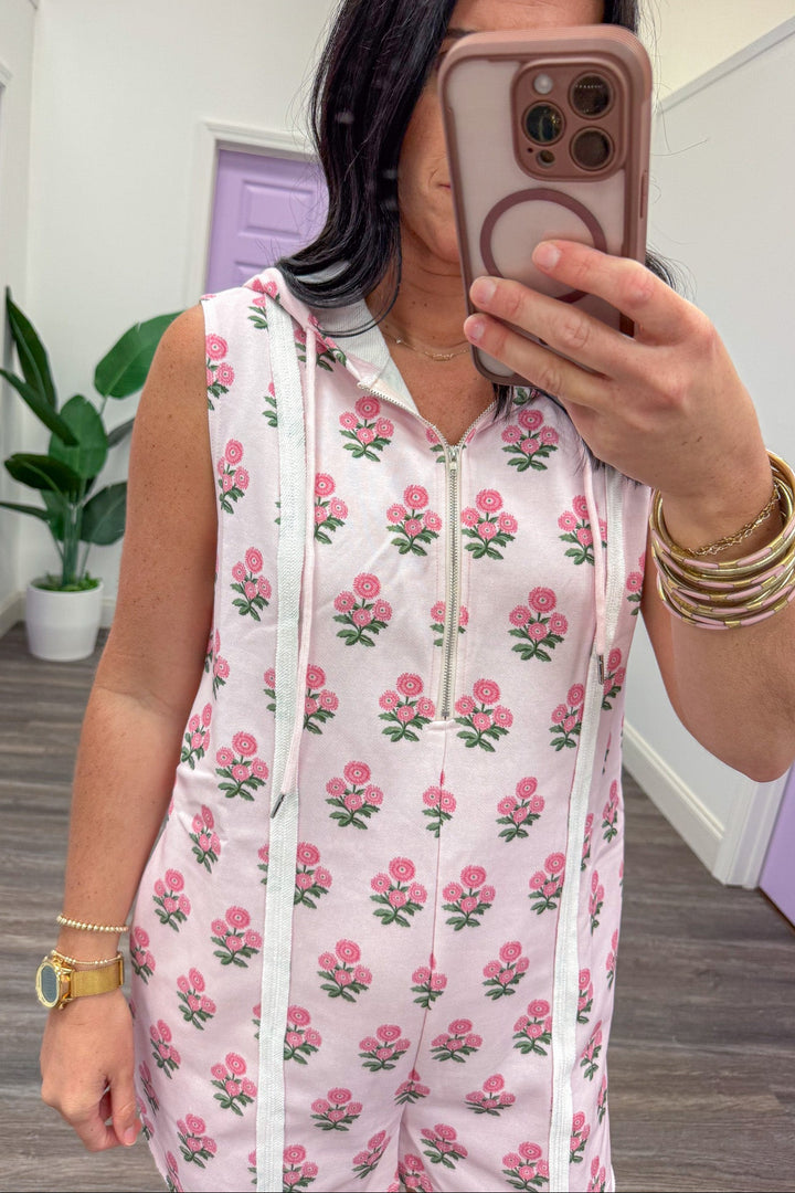 pink floral detail quarter zip sleeveless terry knit romper