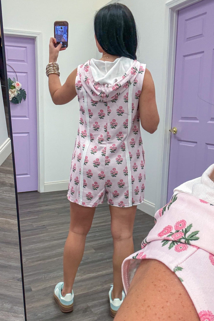 pale pink floral detail quarter zip terry knit romper back view