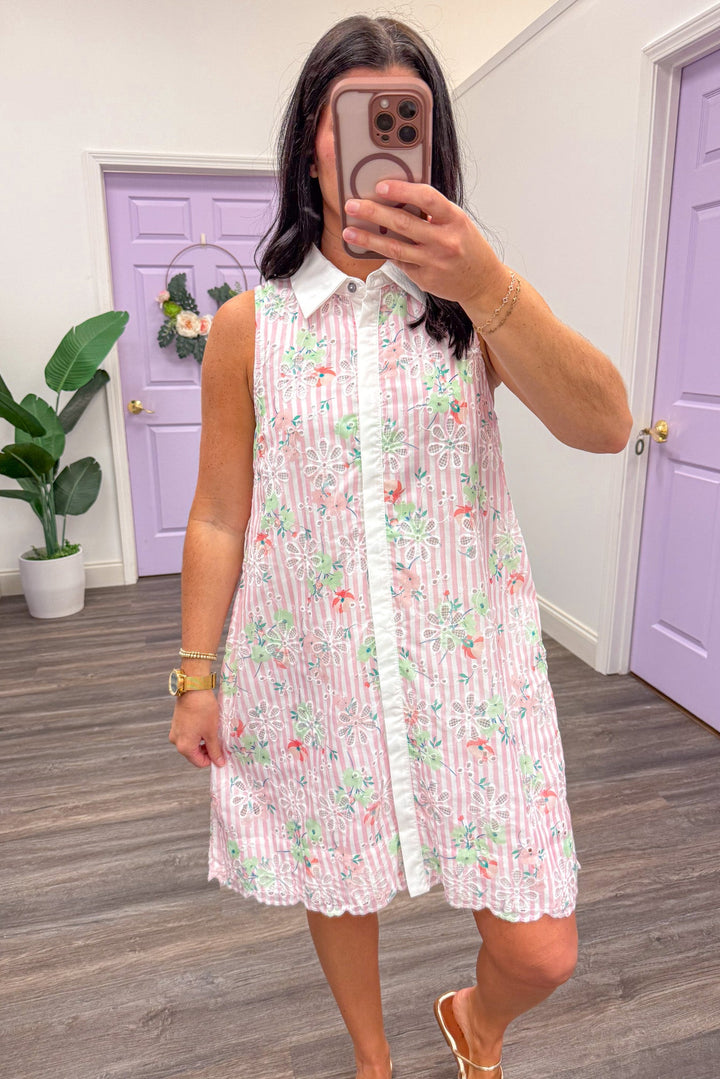 pink white striped eyelet floral dress with scalloped hem and collared neckline