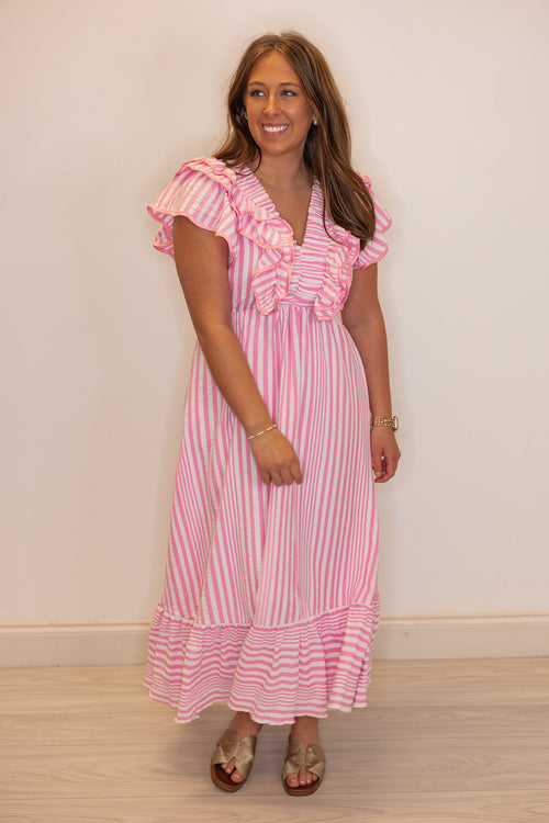 pink white stripe ruffle midi dress