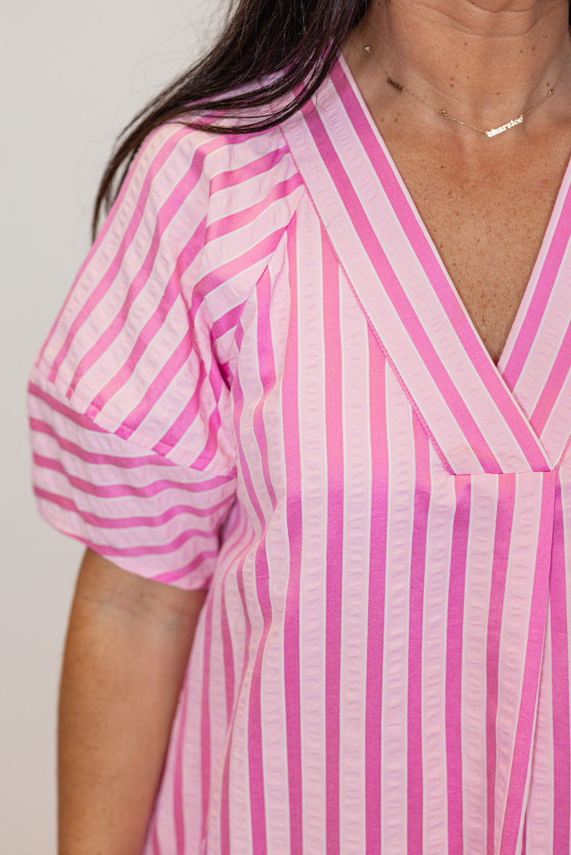 pink striped short sleeve midi dress