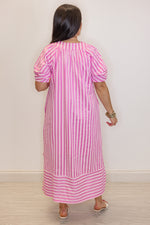 pink striped short sleeve midi dress