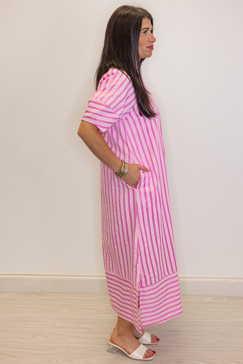 pink striped short sleeve midi dress