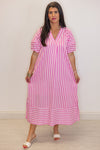 pink striped short sleeve midi dress