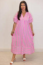 pink striped short sleeve midi dress