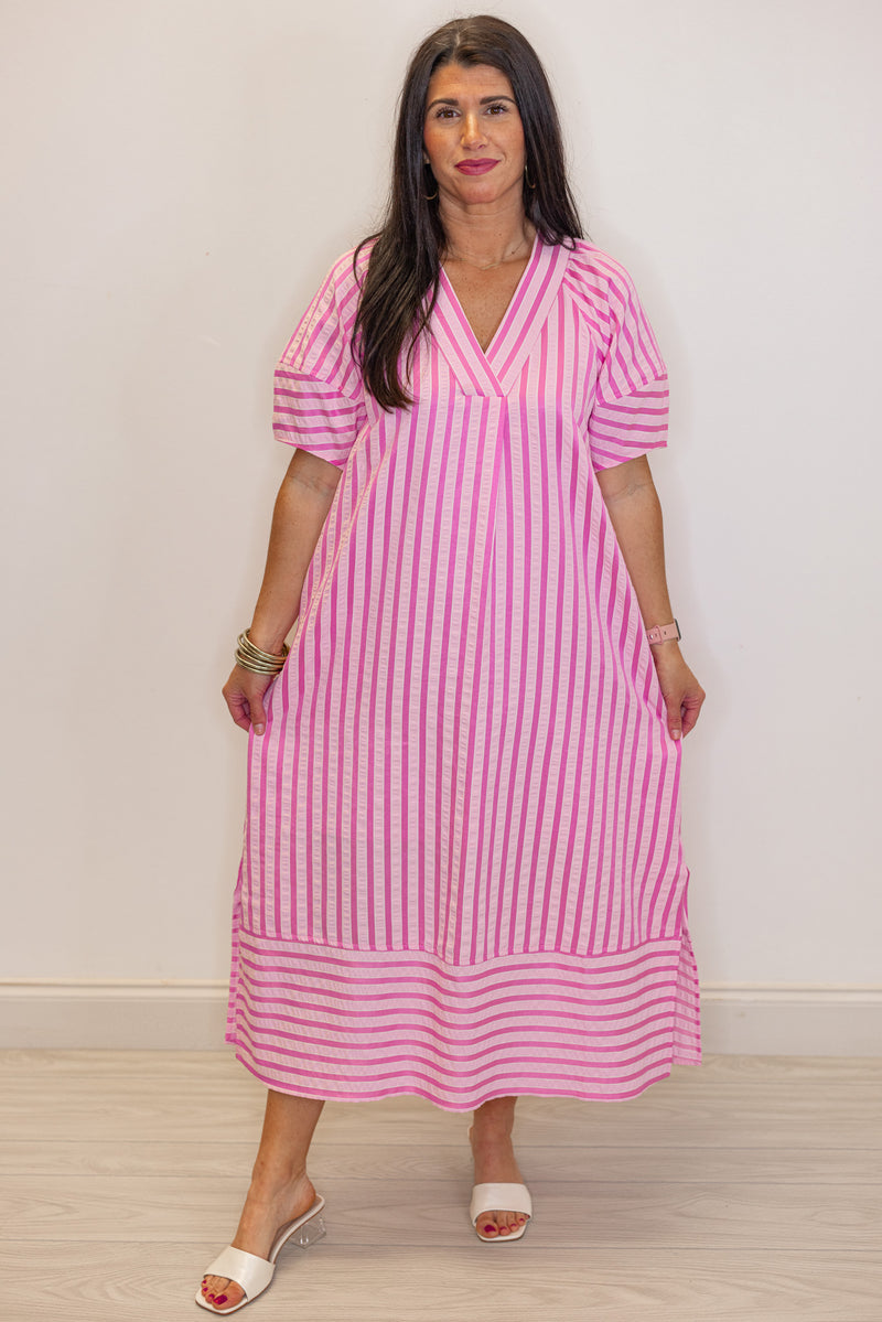 pink striped short sleeve midi dress