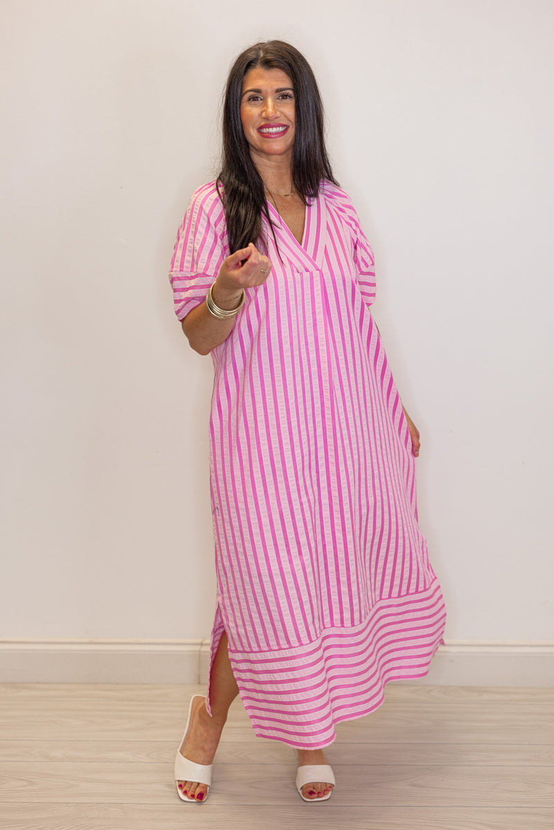pink striped short sleeve midi dress