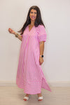 pink striped short sleeve midi dress