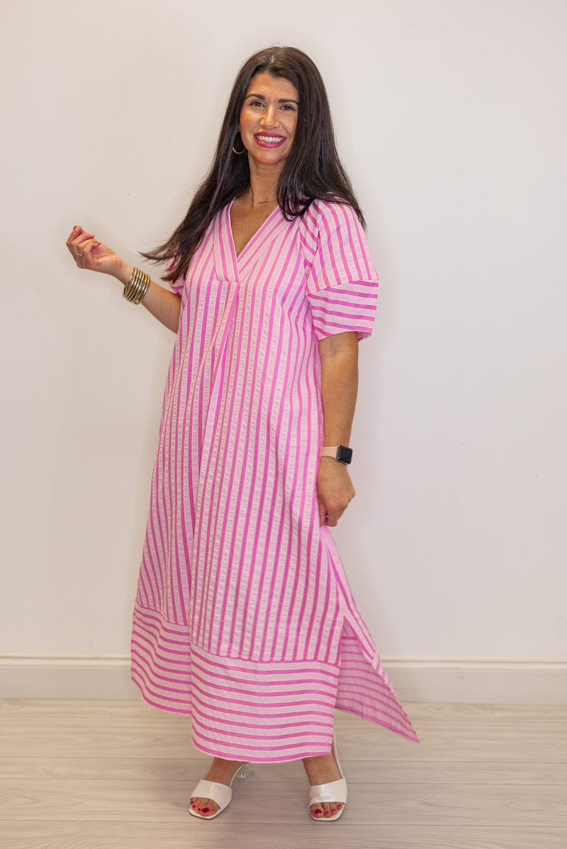 pink striped short sleeve midi dress