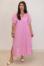 pink striped short sleeve midi dress