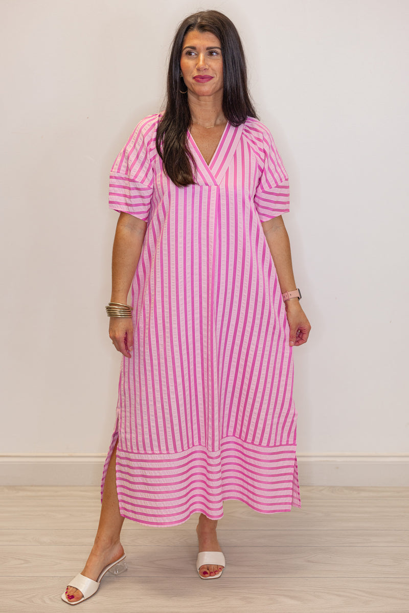 pink striped short sleeve midi dress