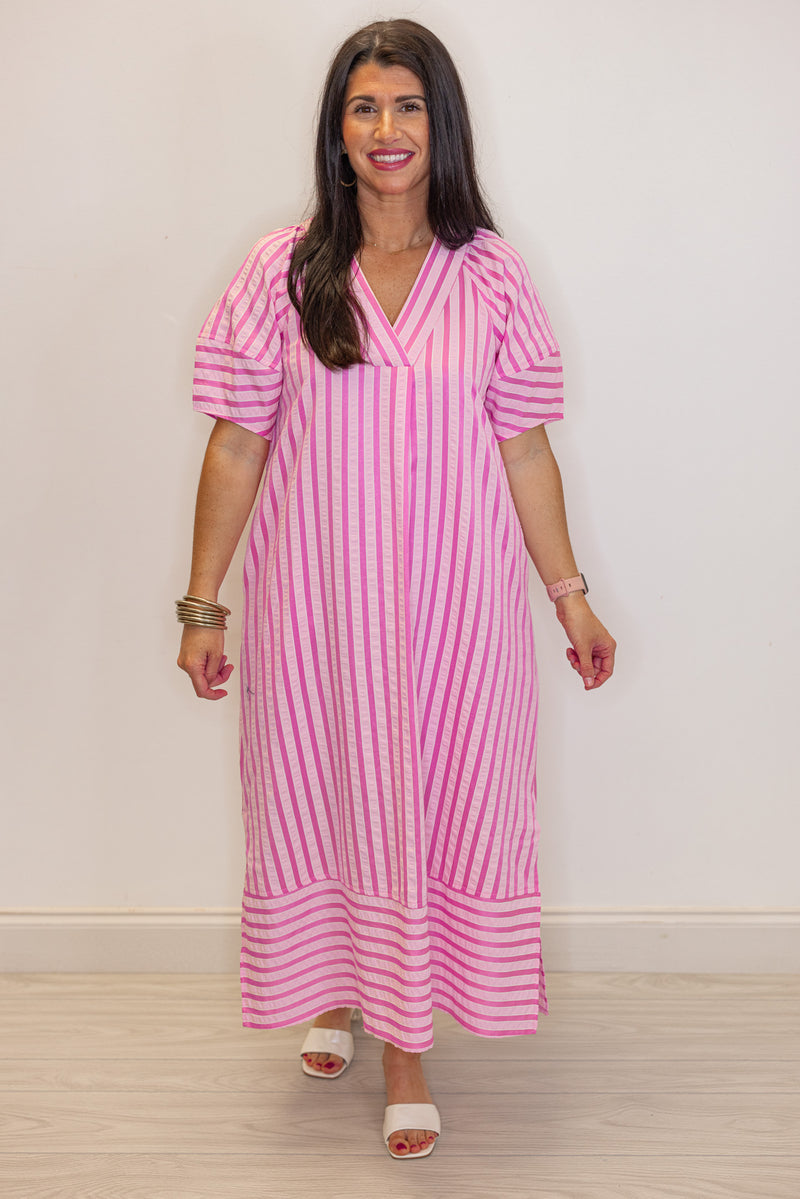 pink striped short sleeve midi dress