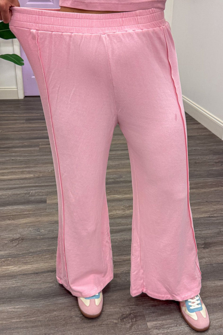 light pink tank top and elastic waistband palazzo pants matching knit athleisure set