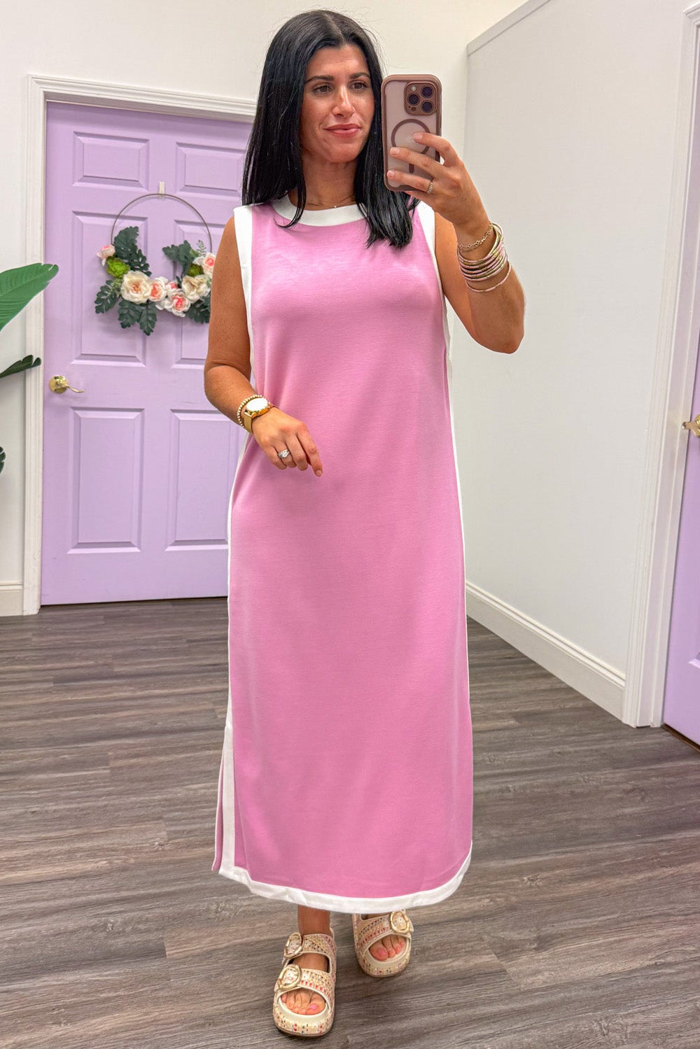 light pink white trim detail sleeveless scuba knit athleisure midi dress