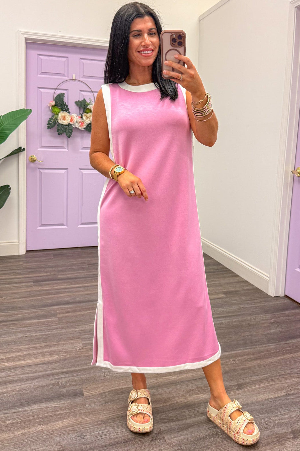 light pink white trim detail sleeveless scuba knit midi dress