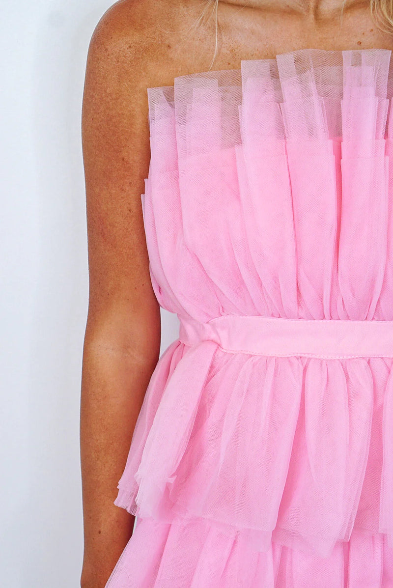 pink tulle strapless mini dress