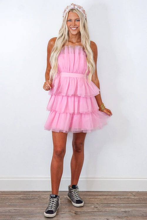 pink tulle strapless mini dress